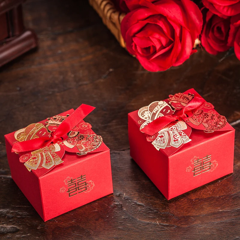 65*65*48mm High-end Red Chinese-style Double Happiness Character Wedding Candy Box Dinner Party Table Decoration Favor Gifts