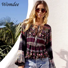 Autumn Boho Floral Print Blouses Women Vinatge V Neck Lace Up Long Sleeve Summer Bohemia Blouses