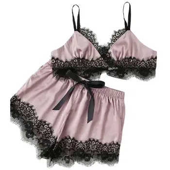 

Sexy Satin Lace Bra + Shorts Nightwear Nightwear Pajama Comfy Lingerie Set