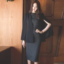 Для женщин блейзер комплект из 2 частей офисные Зимние черные сапоги часы шаль куртка с поясом+ О-образным вырезом в Вертикальную Полоску Платье До Колена