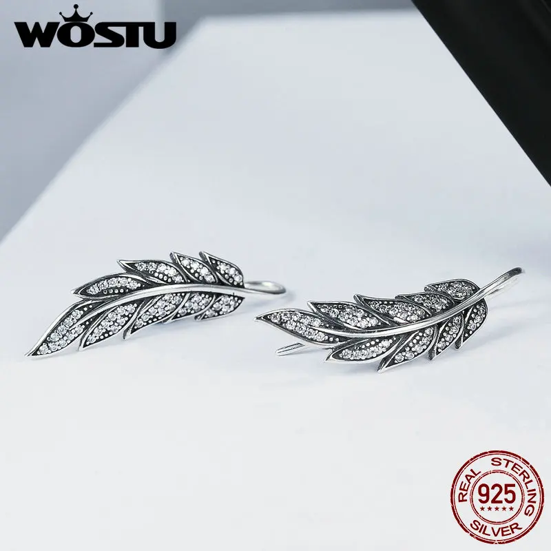 WOSTU Настоящее серебро 925 пробы, винтажные длинные висячие серьги с перьями и крыльями для женщин, ювелирные изделия из стерлингового серебра CQE215