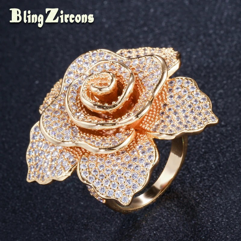 

BeaQueen Oversize Dubai Yellow Gold Color Finger Jewelry Cubic Zirconia Pave Setting Big Flower Wedding Rings for Women R056