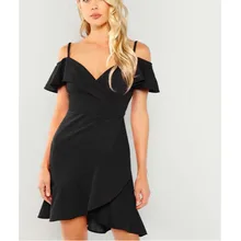 2019 Summer V Neck Wrap Ruffle Dress Cold Shoulder Short Party Dress Elegant Straps Women Dress 2019 Summer V Neck Wrap Ruffle Dress Cold Shoulder Short Party Dress Elegant Straps Women Dress