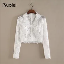 Цвета слоновой кости с v-вырезом и длинным рукавом свадебные свадебная куртка, болеро Для женщин свадебные Обёрточная бумага Свадебный жакет-жакетка кружевная Детская куртка богемное свадебное FJ33