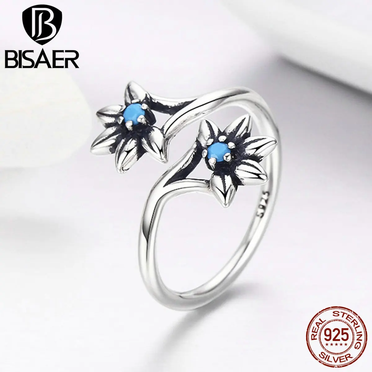 

100% 925 Sterling Silver Blue CZ, Daisy Blooming Open Finger Rings for Women Girl Fashion Ring Jewelry Engagement Gift