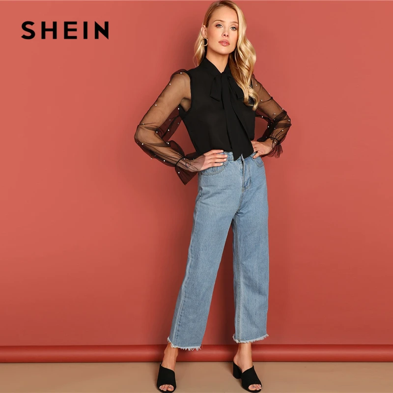 SHEIN Black Tie Neck Pearl Beading Mesh Sleeve Top Elegant Workwear Long Sleeve Plain Blouses Autumn Women Tops And Blouses