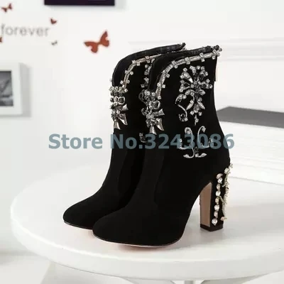 As Nueva Gamuza Redonda Llegada Picture Botas Alto De Bordar Punta Cortas Tacón Moda Mujer Elegante Gruesa Zapatos Negro Tobillo wxTpqvvZ