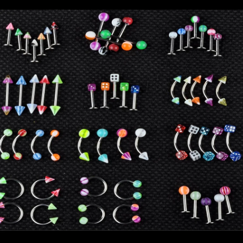 

50 pcs/Lot Mix Style Acrylic Surgical Steel Eyebrow Navel Belly Lip Tongue Ring Nose Bar Rings Body Piercing Labret Piercing