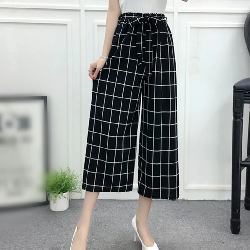 

2019 Womens Wide Leg High Waist Casual 3/4 Pants Loose Culottes Palazzo Pants Slacks Office Strip Ankle-Length pantalones mujer
