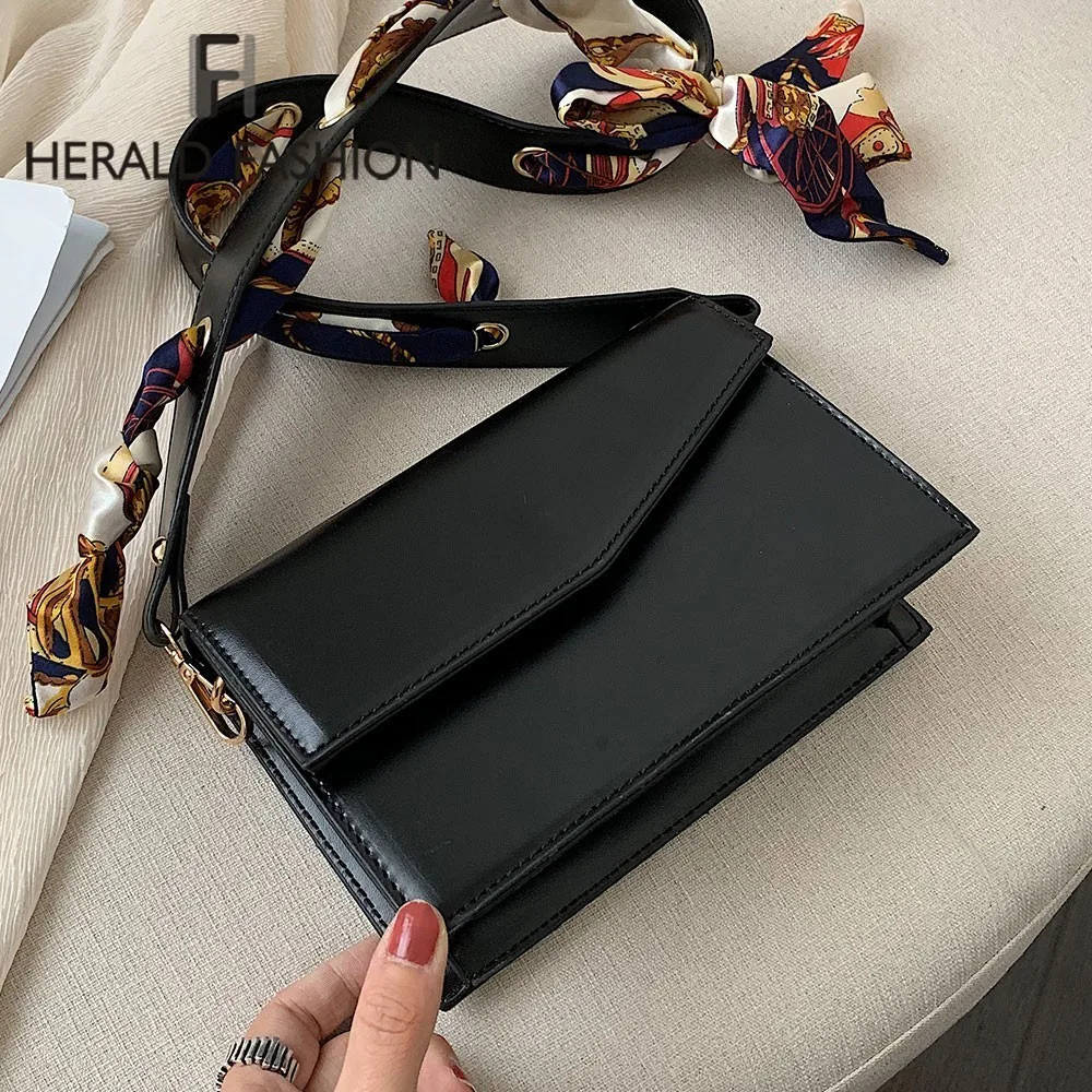 

Herald Fashion Women Messenger Bag Quality Leather Wide Scarf Strap Female Shoulder Bag Candy Color Ladies' Corssbody Flap Bag