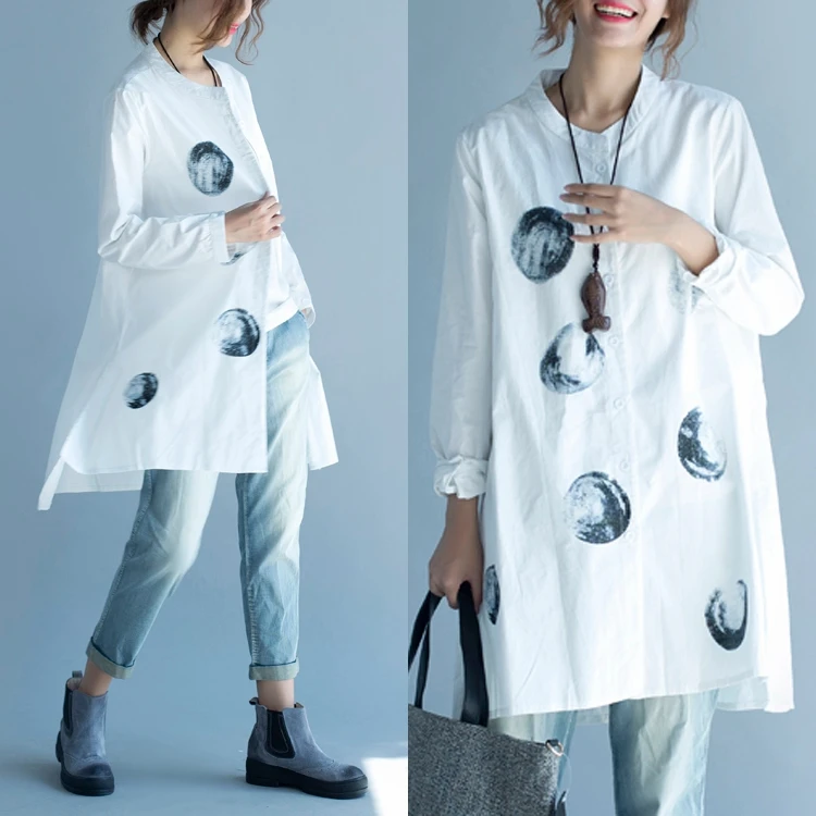

Women big size clothing autumn women medium-long fluid shirt female long sleeve stand collar casual tops print loose blouse