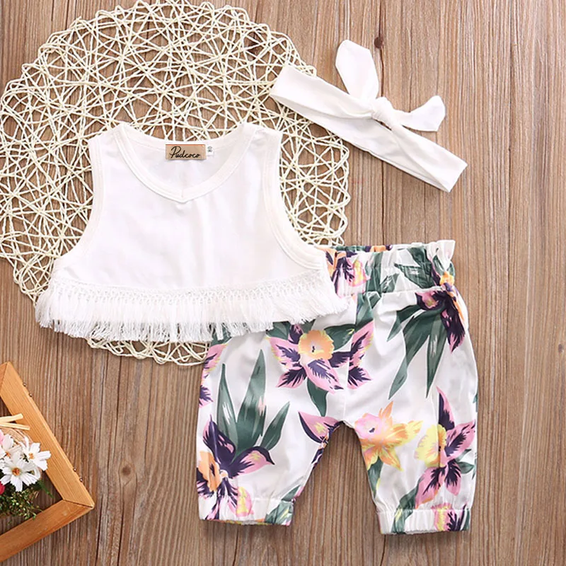 Baby Girl Tops Vest Sleeveless Tops Pants Cute Flower Headband 3pcs