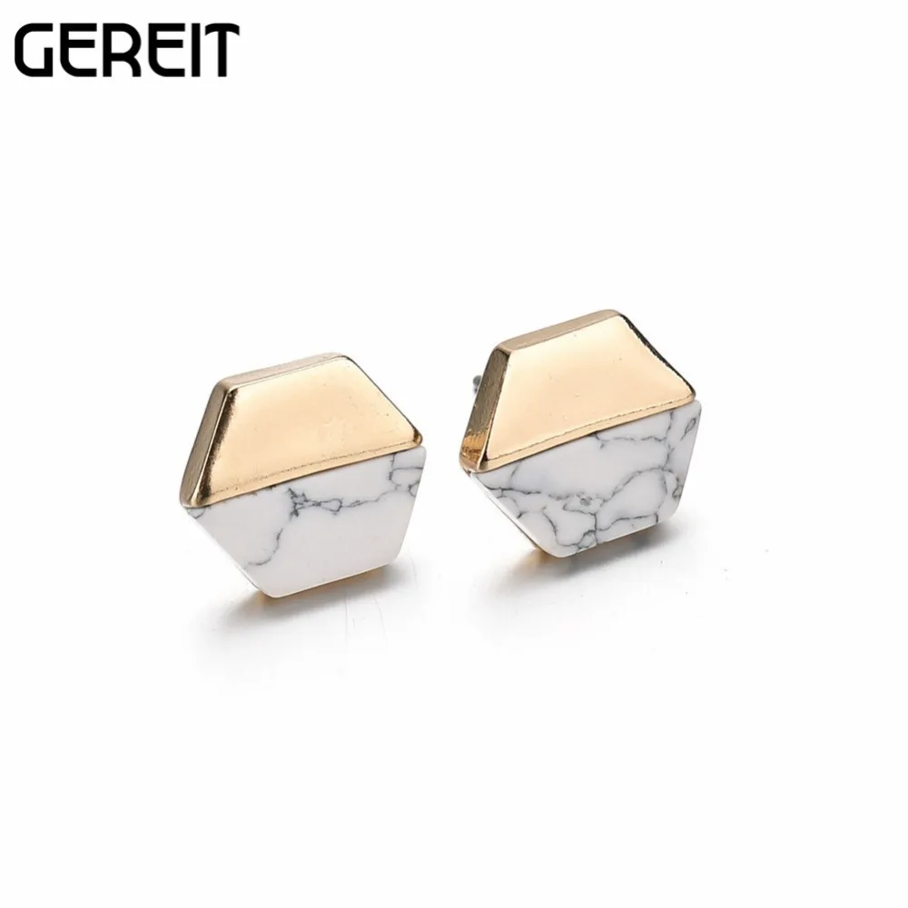 

GEREIT Simple Small Geometric Stud Earrings White Faux Marble Stone Gold Earrings For Women Sweet Korean Earrings Jewelry Gift