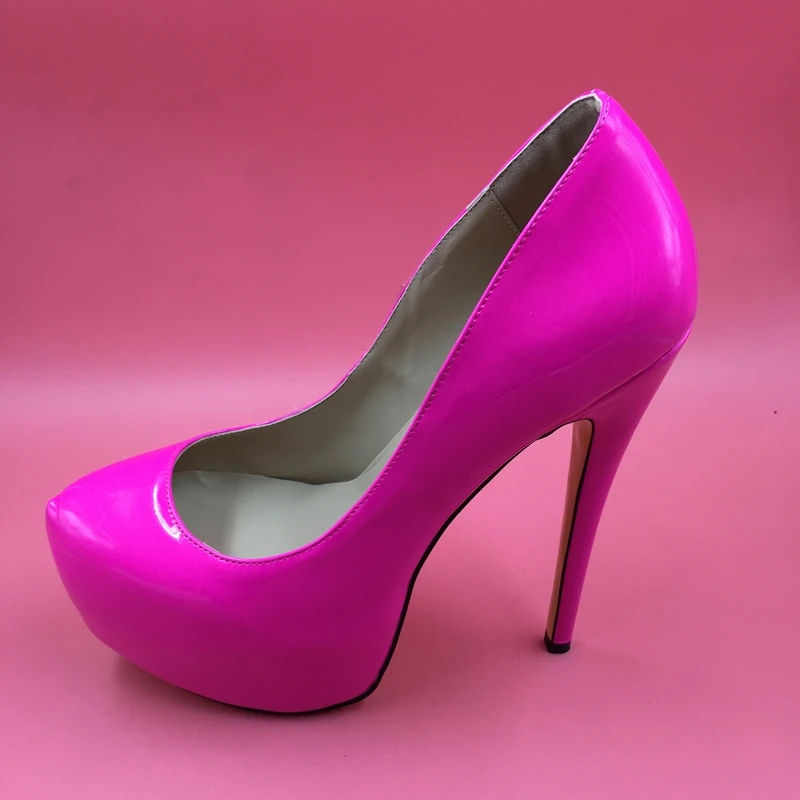 Sexy Hot Pink Patent Leather Women Pumps Thick Platforms High Heels ...