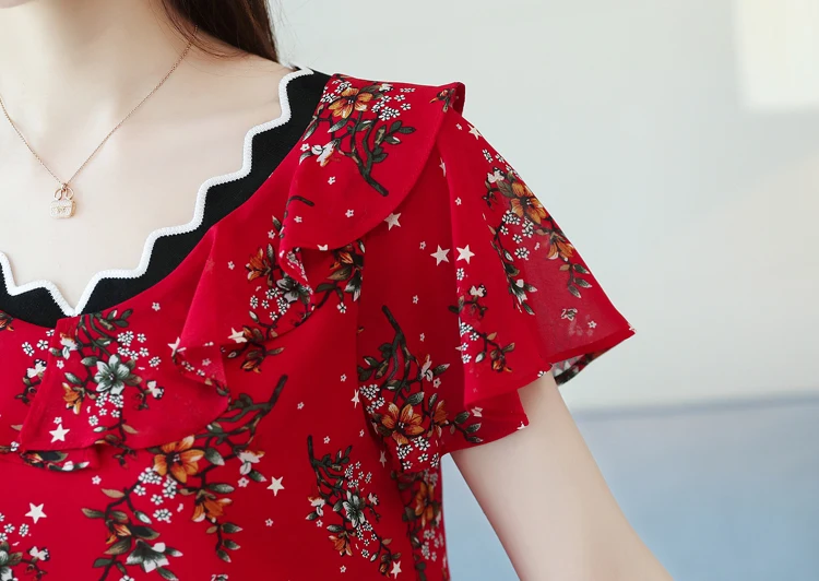 New 2018 Summer Casual Floral Chiffon Women Blouse Shirt Female Short Sleeve Slim Retro V Collar Tops Clothes Blusas 0573 40