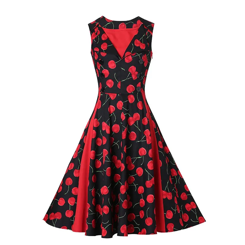 Sisjuly Vintage 1950s Red Dresses 2017 Summer V Neck Floral Print Female Party Dress Sleeveless Elegant