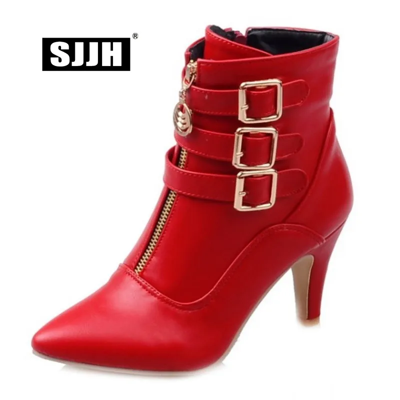 Cool Chunky Chaussures Femme Noir Bottes 8 Q059 Courte Filles Toe Boucle Moto Taille blanc Point Cm Talon Zip Sjjh Grande Mode rouge Avec Cheville LqUVGSMzp