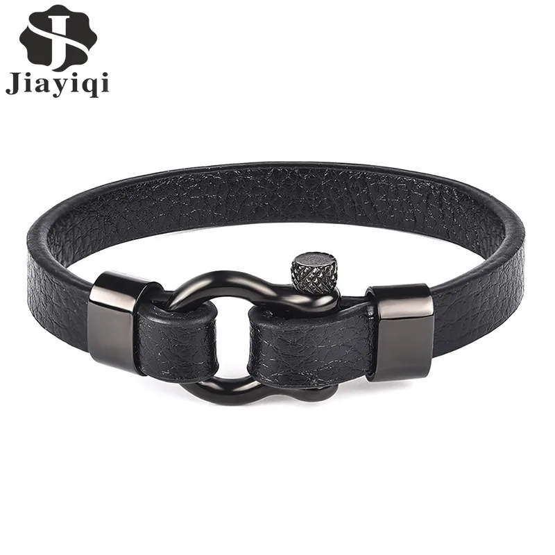 

Jiayiqi Punk Men Jewelry Stainless Steel Bracelet Black Genuine Leather Bracelet & Bangles Black Horseshoe Buckle Vintage Gift