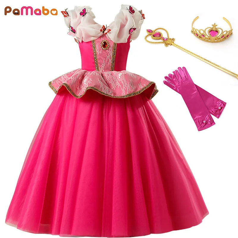 PaMaBa Deluxe Kid Pageant Gowns Fancy Sleeping Beauty Princess Dress for Girl Butterflies Decorations Sleeveless Aurora Costume | Детская