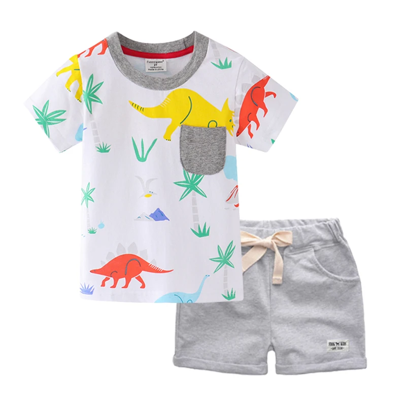 BINIDUCKLING/ г. Летняя модная детская одежда для маленьких мальчиков футболка+ шорты с круглым вырезом и рисунком динозавра, хлопковые комплекты одежды для детей