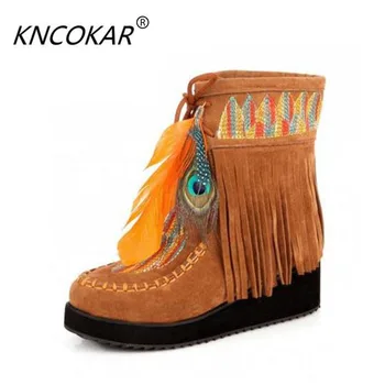 

2018 women winter boots Indian boots feather short tassel boots matte color embroidery warm ankle boots plus size 35-43
