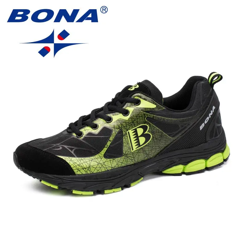 BONA классический стиль Мужская обувь для бега уличные мужские кроссовки обувь на шнуровке Мужская Спортивная обувь сетчатая Мужская трендовая беговая Обувь - Цвет: BLACK GREEN