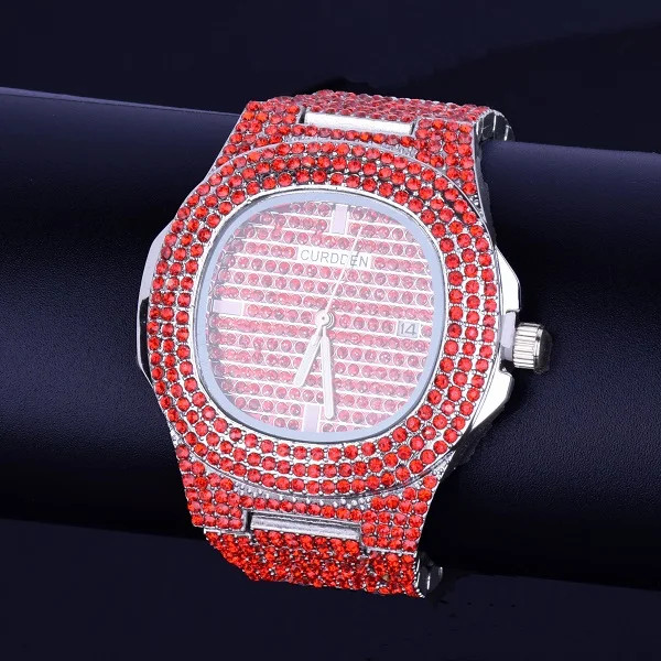 Hip hop Men's watch Big Dial Military Quartz Clock Luxury Rhinestone Business Waterproof wrist watches Relogio Masculino 24cm - Цвет: Red