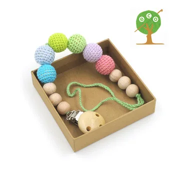 2016 new Pastel color crochet beads  Baby Pacifier Clip Dummy Holder cotton Natural wooden  BEECH beads elephant teether  NT153
