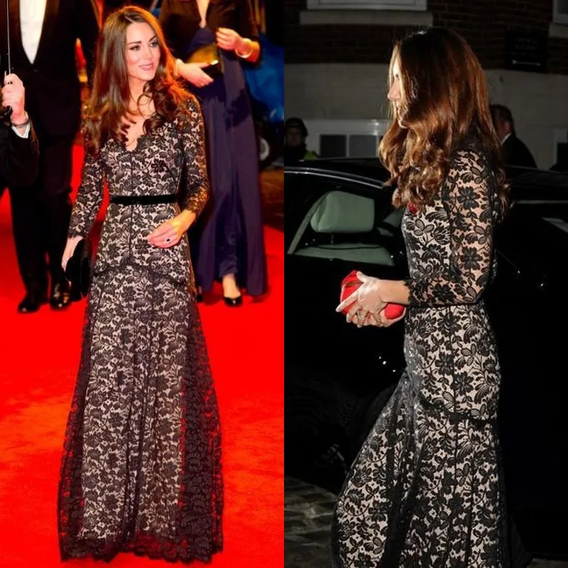 

2015 Kate Middleton Sexy Black Lace Party Dresses Long Sleeve V-Neck Floor Length Evening Gowns Celebrity Dresses Vestido Longo