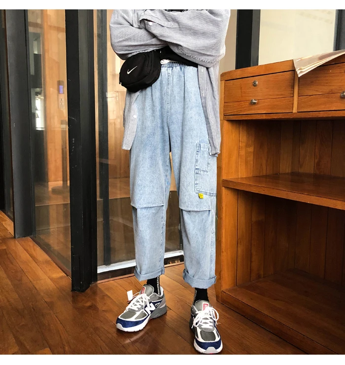 2019 Мужская Мода Тренд работы мешковатые Homme повседневные брюки классический накладной карман синие джинсы черные байкерские джинсовые
