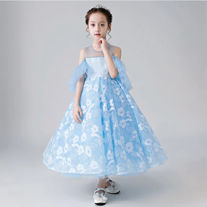 

Summer New Luxury Blue Color Model Show Chidren Girls Dance Host Pageant Long Prom Dress Teens Kids Birthday Evening Party Dress