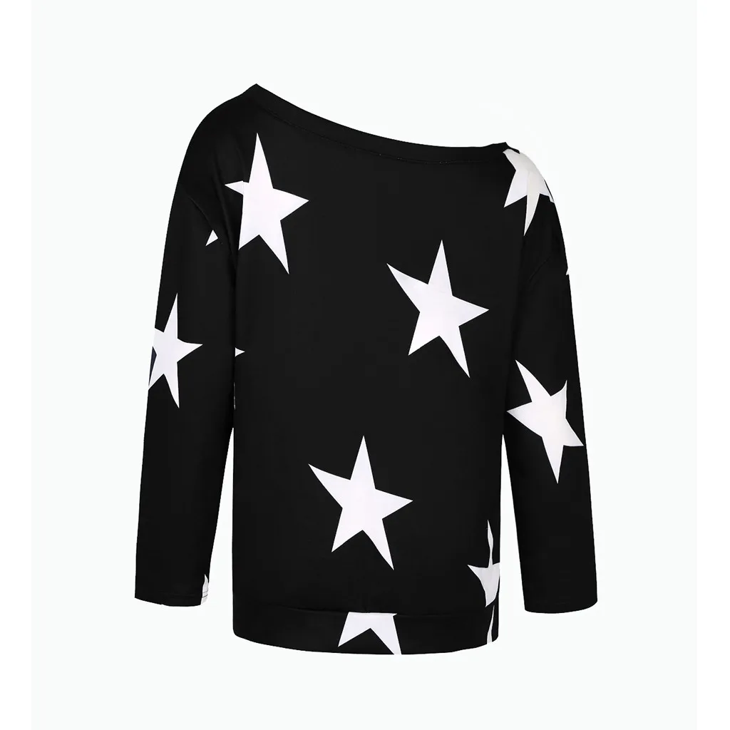 One Shoulder T-Shirt Women Shirt Fashion Star Print Long Sleeve Loose Casual Tee Shirt Spring Lady Shirts Tee Top Plus Size