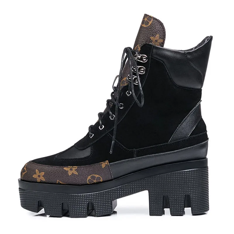 35 marron De Femmes 42 Véritable Mode Femme Taille Suède Vache Noir Cuir Martin Office Lady Chaussures En Défilé Carzicuzin Bottes wkXOPn08