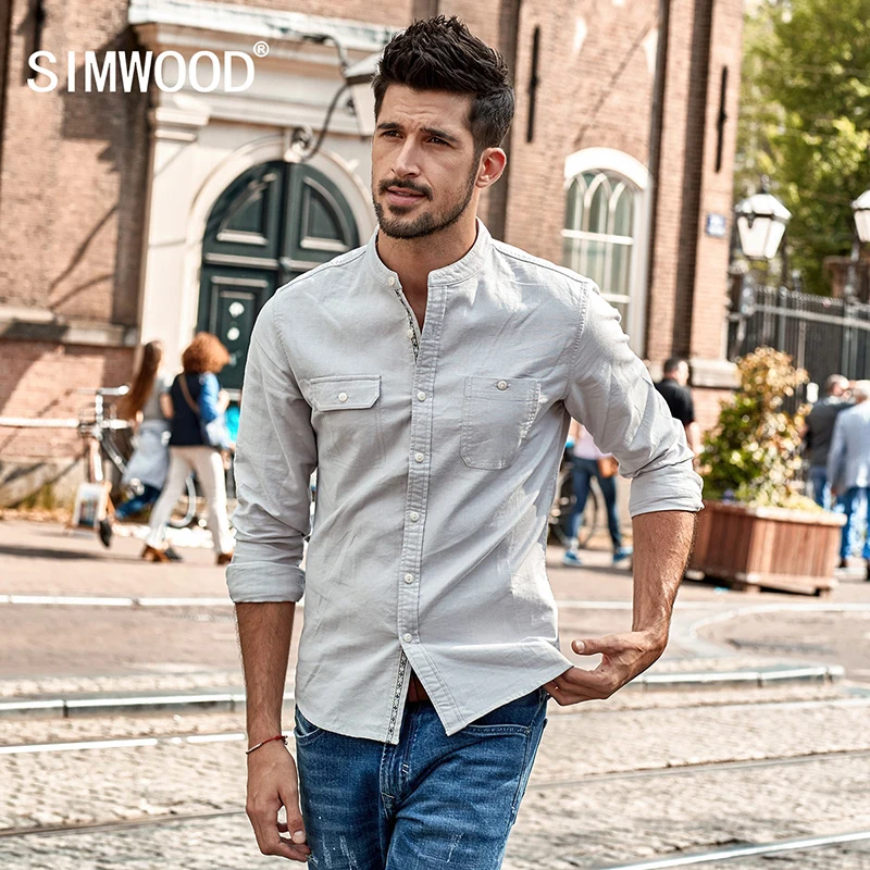 Meilleur SIMWOOD 2019 printemps Nouveau Casual Chemises Hommes Slim Fit Manches Longues Col montant Shirt 100% Pur Coton Marque Vêtements CC017029