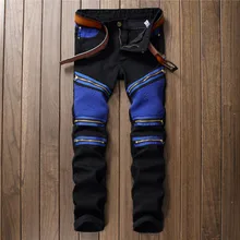 2017 New Male Club Jeans Blue black Knee Pleated Multi zipper Men Brand Slim motorcycle biker Jean denim Pants Homme