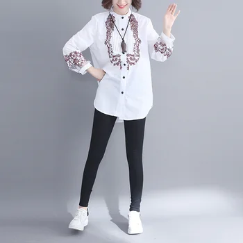 

WELIVENICE Womens Embroidered Linen Shirt High Quality National Style Loose Large Size Shirt Spring Autumn
