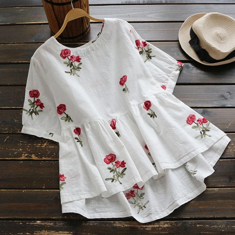 Japanese Sweet Short Bat Sleeve Rose Pattern Shirt Blouse ...
