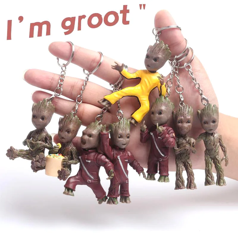 

Baby Groot Action Figures Toy Key Chain Home Ornament Cute Model Toy for Kid Cartoon Tree Man Keychain Car Hanging Decor Keyring