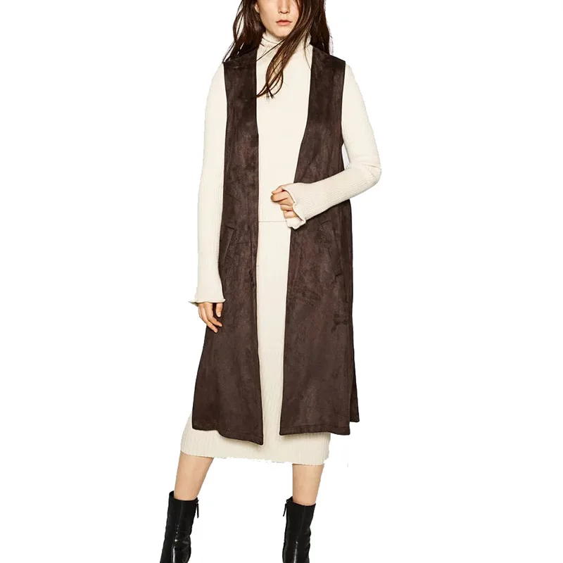 Vintage 2016 Women Suede Pocket Long Vests Waistcoat V Neck Sleeveless Jacket Female Autumn