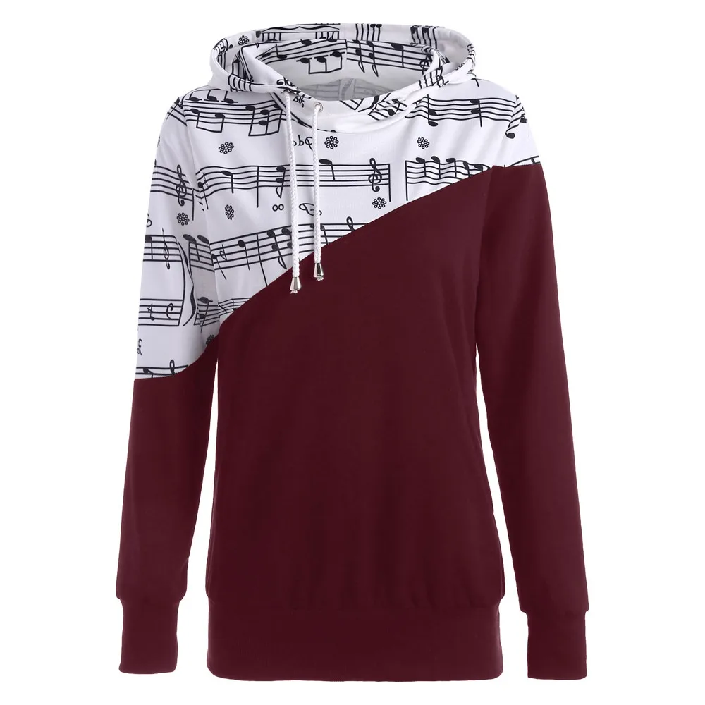 

Autumn Women Hooded Hoodies Casual Long Sleeve Sweatshirts Musical Note Patchwork Print Hooded Blouse Sweatshirt TopsC25