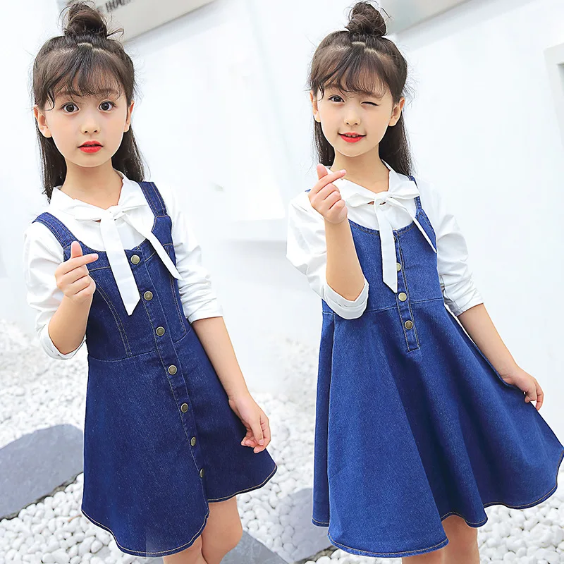 

2017 Girls Fall New Suit Children's Single Breasted Denim Elastic Suspenders Skirt Two Piece set