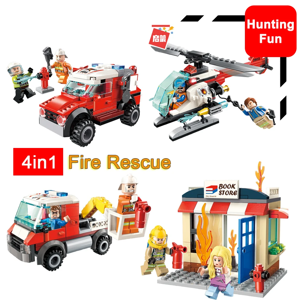 

412PCS 4in1 Set Fire Rescue Police Truck Spray Water Gun Firemen Mini figures Car Aircraft Minifigs Building Blocks Toys Kids