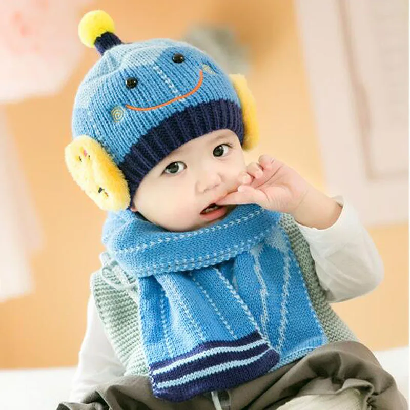 2 шт./компл. Детские Зимние улыбка шапка с шарфом для новорожденных Bebe детская теплая шапка и шарф комплект 3 месяца-3 лет