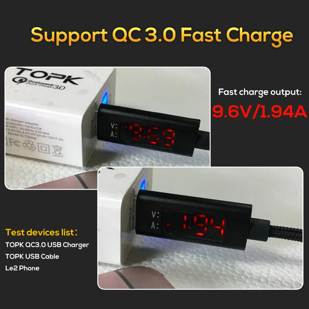 TOPK D-Line1 3A(Max) USB Type C Cable, QC 3.0 Fast Charging Voltage and Current Display Nylon Braided USB C Data Sync Cable