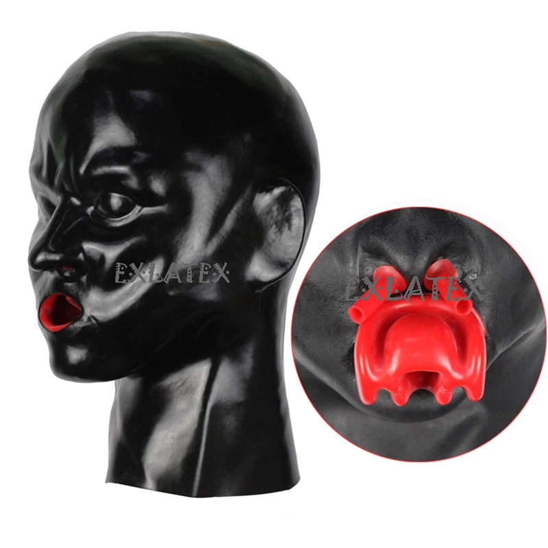 

Latex Mask Fetish Unisex Rubber Hood sm Mask Anatomical Heavy Mask Lined with Red Mouth Sheath Tongue and Nose Tube bdsm Hood