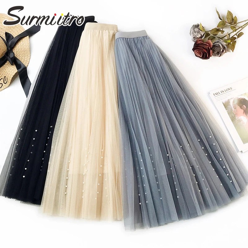 

Surmiitro 3 Layers Beading Tulle Long Skirt Women 2019 Spring Summer Korean Elegant High Waist Pleated Sun School Skirt Female