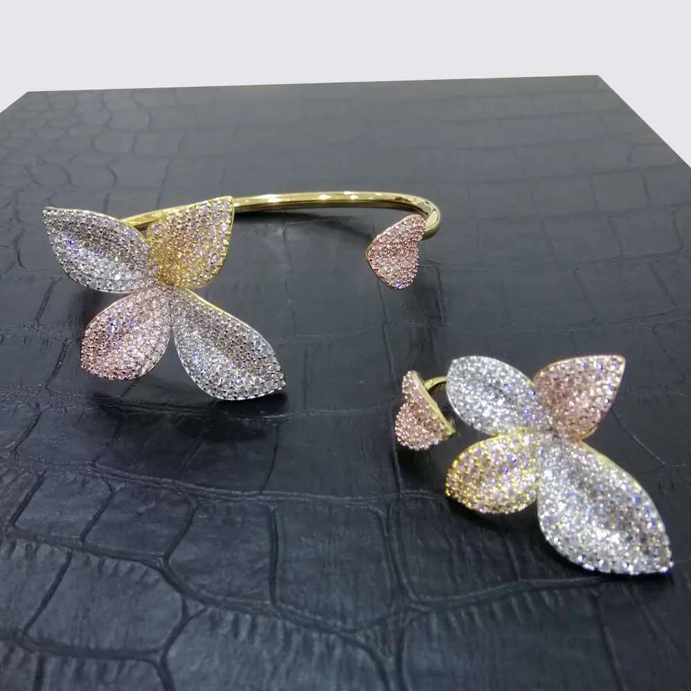 

GODKI Luxury Trendy Fashion Flower Leaf Geometry Cubic Zirconia Wedding Bracelet For Women Bangle Ring Set High Jewelry Sets