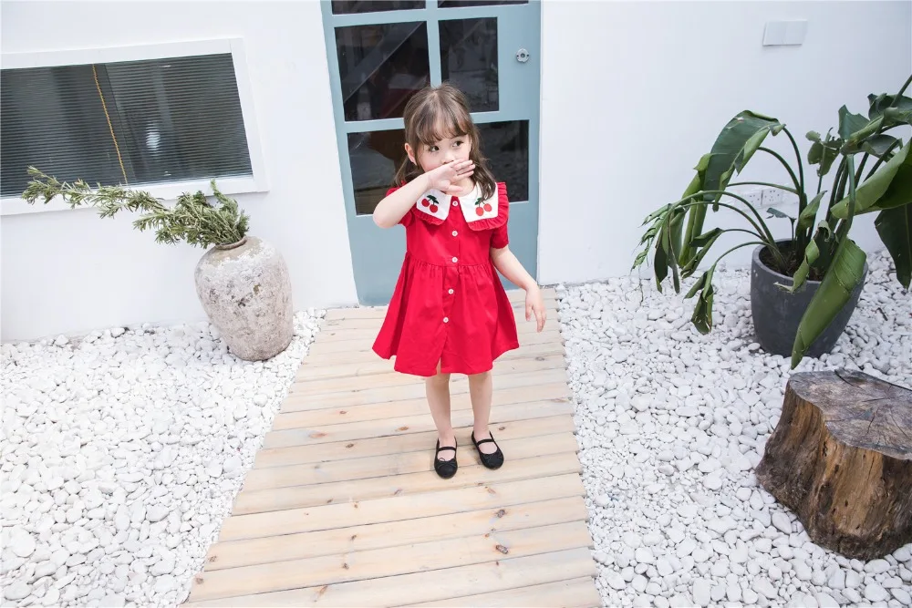 2019 Crianças Roupas Meninas Coreanas Vestido Navy Vento Lapela Vestido Cereja
