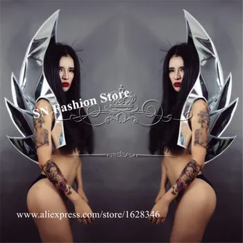 

P21 Party silver mirror stage costumes singer perform backplane dj wears mirror armor outfits bar dress clothe future style club