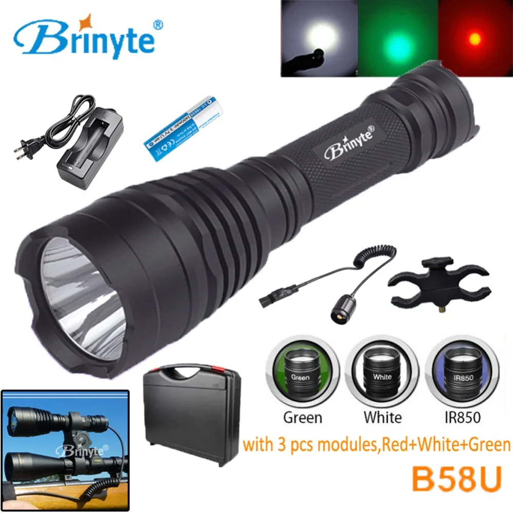 

Asafee B58U Hunting Flashlight Torch Cree XM-L2 LED 18650 Pressure Switch Flashlight with RED GREEN WHITE Module